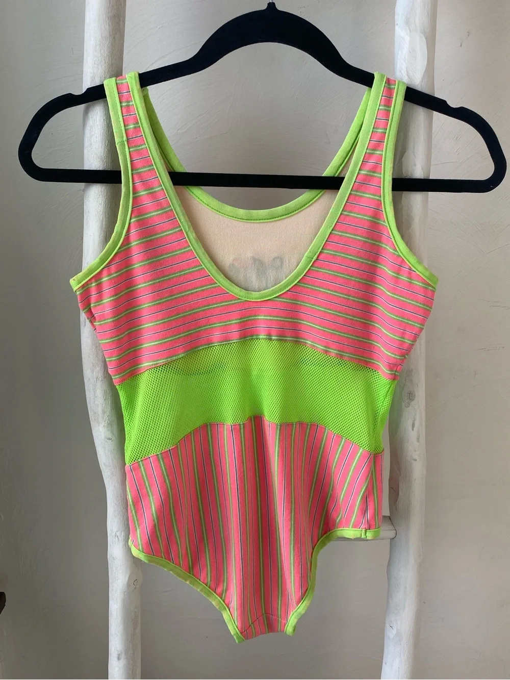 Mickey & Co 90s Vtg One Piece Swim Suit Pink & Lime Green Stripes Mickey Minnie